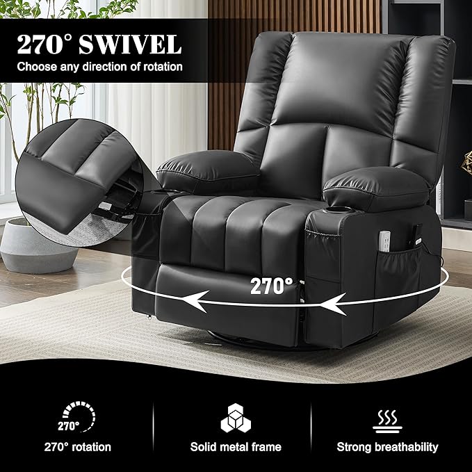 Oversized Recliner Chairs for Adults 270° Swivel Rocker Recliner with Heat and Massage Lazy Boy ReclinerRecliner Chairs Single Sofa Seat with Cup Holders (BlackElectric)