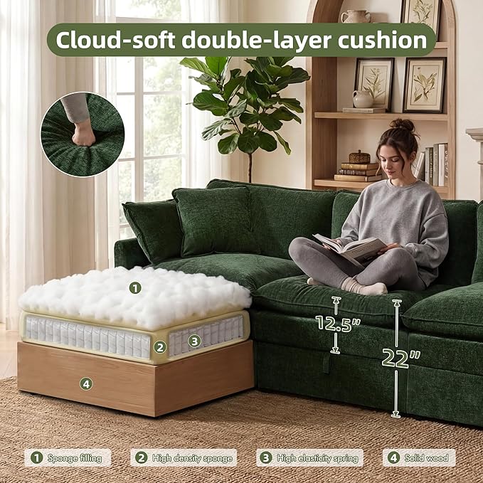 WorthFurni Modular Sectional Sofa with Storage Ottomans102 U-Shaped Cloud CouchComfy Modern Couches with Pillows &amp Upholstered Deep Seat Cushion for Apartment Living Room Bedroom（Green）