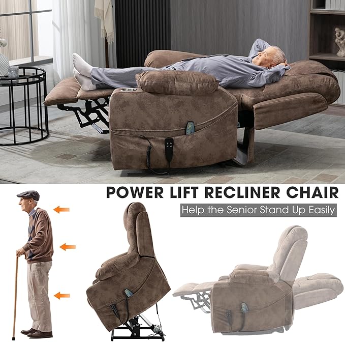 Large Power Lift Recliner Chair Sofa with Massage and Heat for Big and Tall ElderlyInfinite PositionsDual MotorCup HoldersExtended FootrestVelvet Home Theater Seat