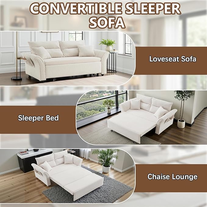 Gexpusm Futon Sofa Bed Queen Size3-in-1 Convertible Sleeper SofaPull Out Bed with Side PocketLoveseat CouchModern Futon Couch for Living RoomSmall SpaceApartmentBedroom (White Corduroy 64) |