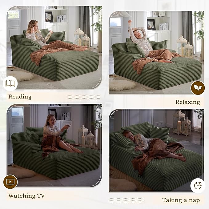 67 Inch Oversized Chaise Lounge Chair IndoorBoneless Corduroy Sofa Bed with Spring CushionDeep Seat Cloud Couch and Reading LoungerSoft Sleeper Sofa for Living RoomNo Assembly Required (Green)