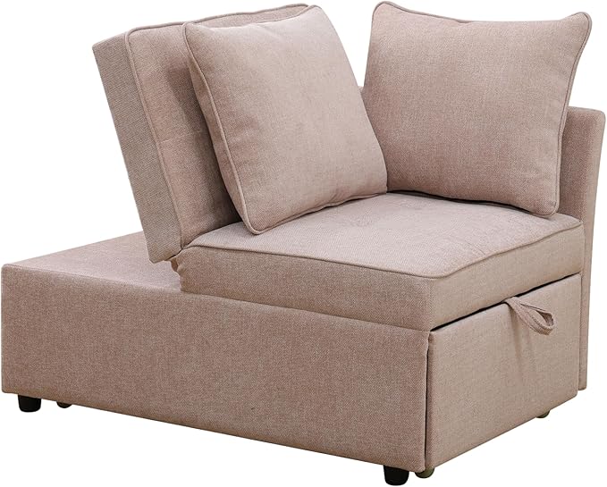 Sleeper Sofa 4-in-1 Convertible Ottoman Couch Bed Modern Sackcloth Futon Sofa Bed with 2 Pillows Adjustable Backrest Recliner Folding Loveseat for Living Room Apartment Dorm OfficePink