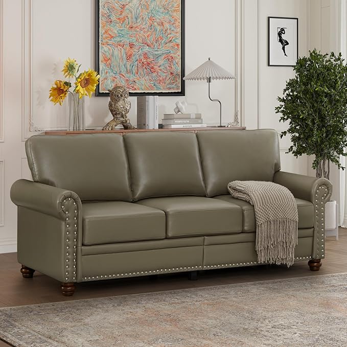 KEIKI 82.68 Chesterfield Sofa Retro Style Upholstered Faux Leather PU Couch with Storage Space Rolled Arm Nailhead for Living Room Bedroom Office Apartment Gray