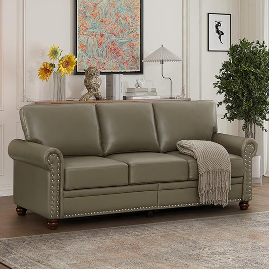 KEIKI 82.68 Chesterfield Sofa Retro Style Upholstered Faux Leather PU Couch with Storage Space Rolled Arm Nailhead for Living Room Bedroom Office Apartment Gray