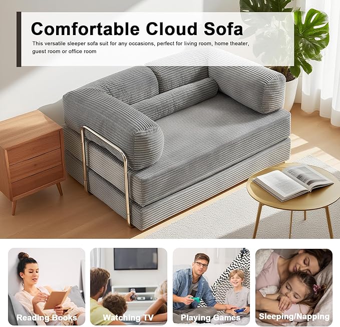 Folding Sofa Bed Convertable Corduroy Couch Convertible Sofa with Fixed-Shape Frame Modular Sectional for Living Room No Assembly Compression Foldable Sleeper (Gray)