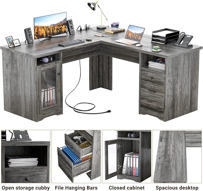 Unikito L Shaped Desk with Drawers 60 Inch Corner Computer Desks with USB Charging Port and Power Outlet Large 2 Person Home Office Table with File Cabinet Black Oak