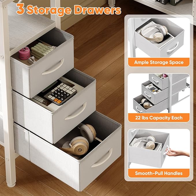 DUMOS L Shaped Desk with Shelf Drawers 47 Inch White Corner Computer Desks Gaming with Power Outlet Study Table with Adjustable Shelves Home Office Tables for Bedroom Teacher Reading Writing
