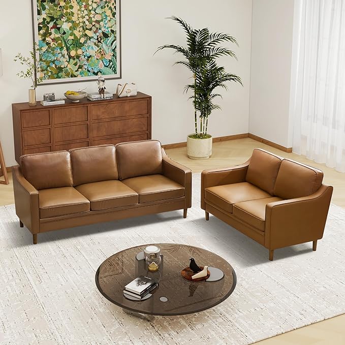 Kingfun Living Room Furniture Sets 3 Seater Couch and Loveseat Mid Century Modern Sofa Set Faux Leather Couch with Solid Wood Frame for Living Room &amp Bedroom Brown