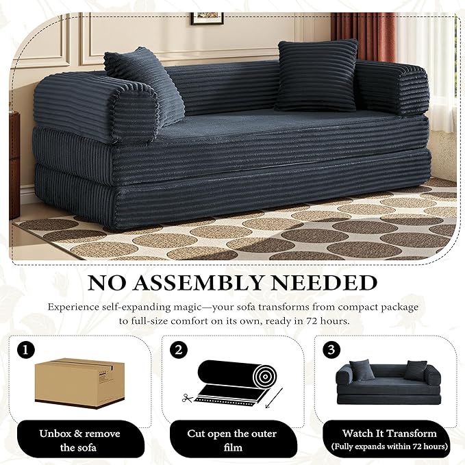 Boneless Couch Versatile Couches for Living Room No-Install Sofa Bed Corduroy Futon Soft Cloud Couch with Pillows for Bedroom Game Movie