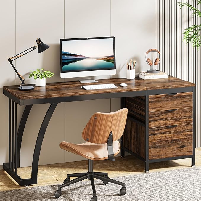 Tribesigns Computer Desk with 3 Drawers 59-Inch PC Desk with Reversible Drawers Industrial Study Writing Table Workstation with File Storage for Home Office Rustic Brown