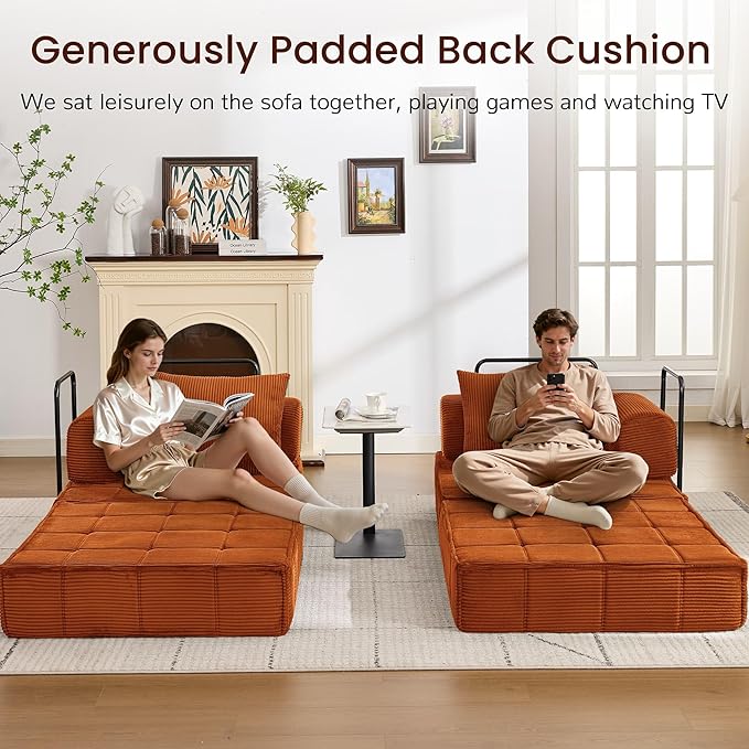 6-in-1 Convertible Sleeper Sofa Bed Corduroy Folding Mattress Couch with Fixed-Shape Frame Modular Foldable Boneless Couch Loveseat Couches with 2 Pillows for Living Room Bedroom Orange