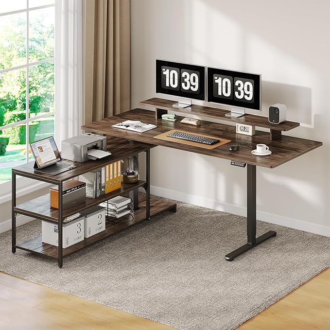 Standing Desk with File Cabinet 63x24'' L Shaped Electric Stand Up Desk with Adjustable Monitor Shelf Adjustable Height 28-46'' for Home and Computer Workstation Walnut