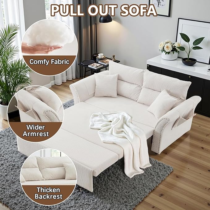 Gexpusm Futon Sofa Bed Queen Size3-in-1 Convertible Sleeper SofaPull Out Bed with Side PocketLoveseat CouchModern Futon Couch for Living RoomSmall SpaceApartmentBedroom (White Corduroy 64) |