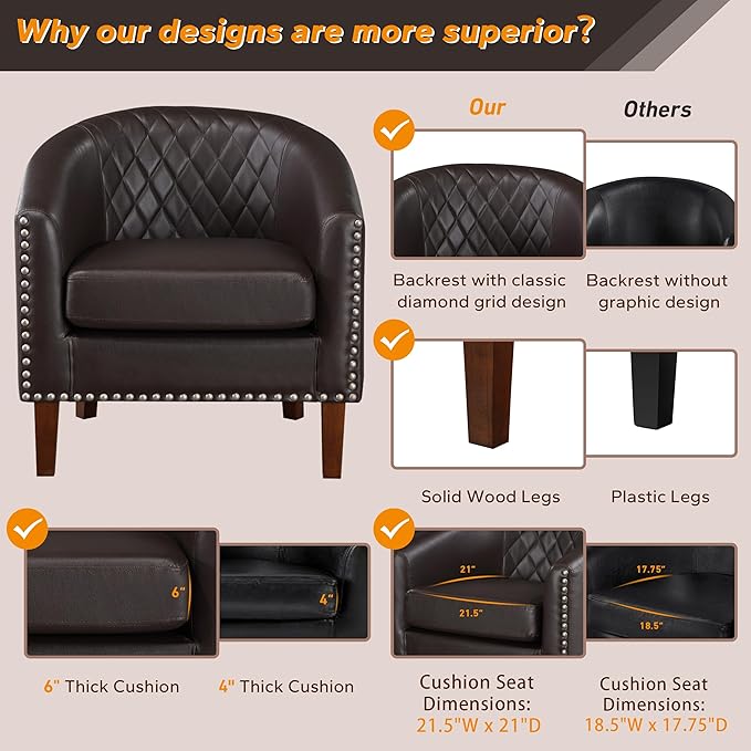 Prilinex Comfy Barrel Accent Chair Set of 4 - Faux Leather Living Room Chair Club Chair with Cushion Diamond Grid Backrest &amp Nailhead Trim Guest Chair for Office Bedroom &amp Waiting Room Bro
