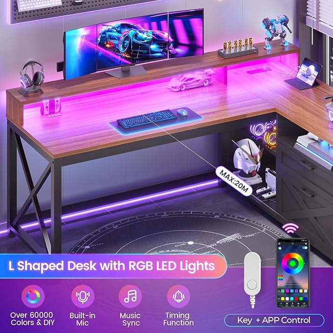 SEDETA L Shaped Gaming Desk with Drawers 55 Farmhouse Computer Desk with File Drawer and Storage Shelves Corner Gaming Desk with LED Lights and Monitor Shelf Black and Brown