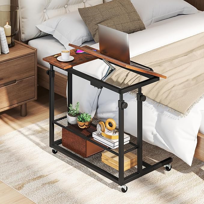 Giantex Mobile Standing Desk Adjustable Rolling Computer Desk w/Tilting Desktop &amp Storage Shelves PC Laptop Table Small Compact Desk on Wheels for Small Space Living Room &amp Bedroom (Rustic