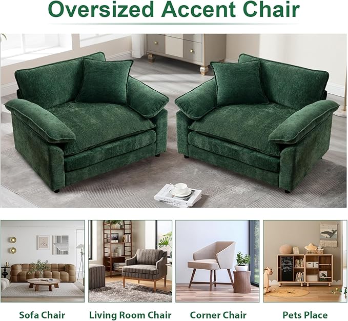 Green Modern Oversized Chair Set of 2 Comfy Chenille Accent Chair Large Upholstered Armchair with Extra Thick and Deep Seat Lounge Chair for Living RoomBedroomApartment