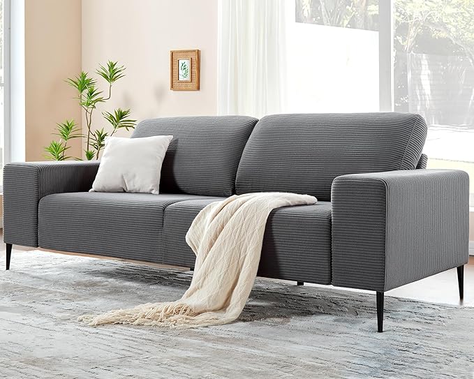 AMERLIFE 89 Modern Sofa Couch 3 Seater Deep Seat Sofa for Living Room Comfortable Corduroy Couch with Extra Deep Cushions Grey