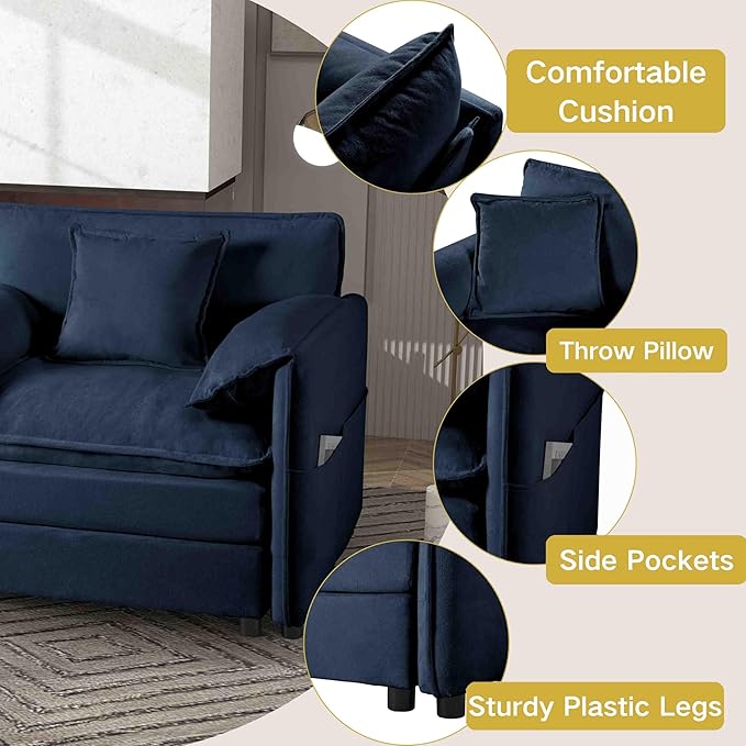 Modular Oversized Sofa Chair - 41.73 Chenille Upholstered Armchair w/Removable Pillow &amp Storage Pockets Heavy Duty 800lbs Capacity DIY Sectional for Living Room &amp Apartment (Blue)