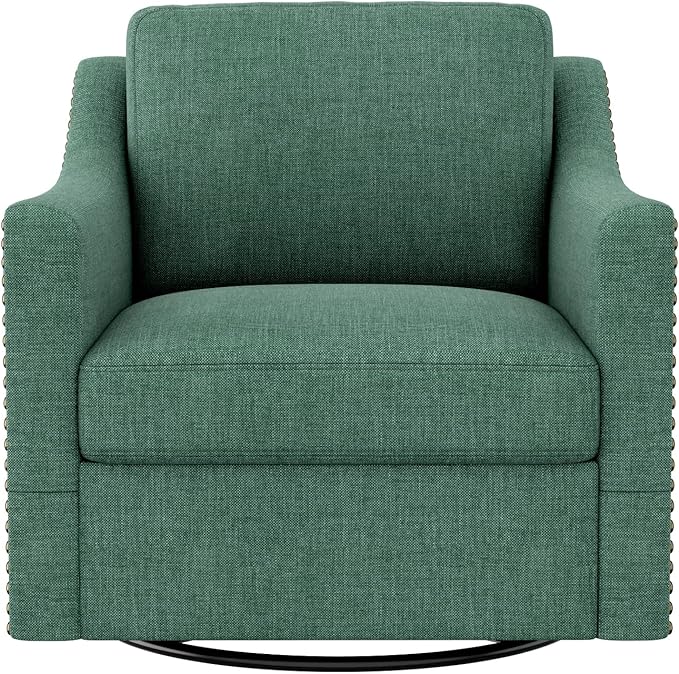 Swivel Accent Chair Modern Comfy Linen Upholstered Barrel Armchair with Nailhead Decor and Metal Base Soft Oversized Round Swivel Chair for Living Room Bedroom Club (1 Green)