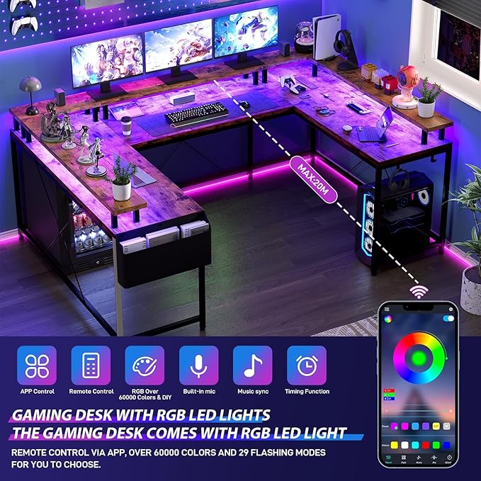 U Shaped Desk 79 Reversible L Shaped Desk and Long Gaming Desk with Storage Shelf &amp Power Outlets &amp LED Lights Corner Computer Desk with Monitor Stand and Side Storage Bag for Home Office