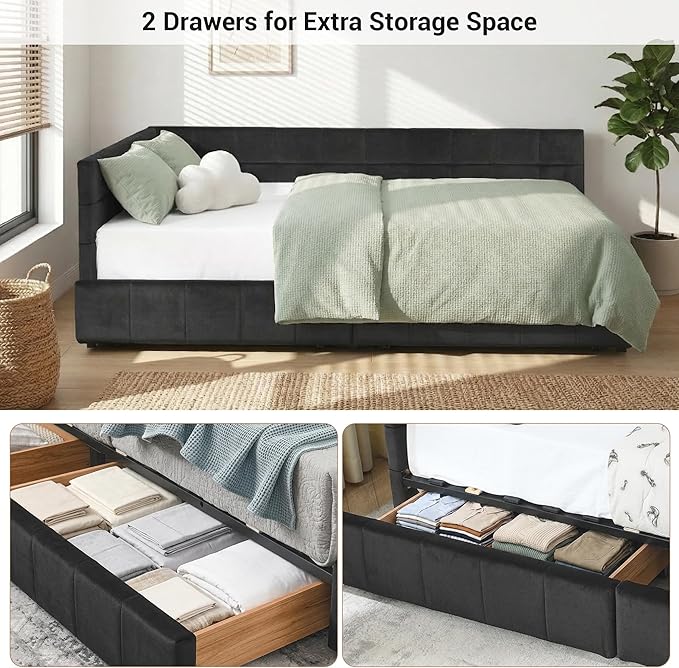 Queen Corner Bed Frame with Storage Drawers Modern Velvet Upholstered Sofa Day Bed Frame with Wood Slats for Living Room Bedroom Guest Room No Box Spring Needed Black