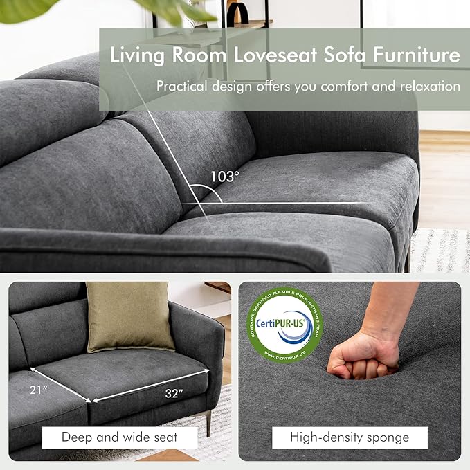 Giantex Couch Upholstered Loveseat with Lift-up Headrest and Metal Legs Comfy Cushion CertiPUR-US Sponge 2-Seat Sofa for Living Room Apartment Studio Condos (Loveseat Gray)