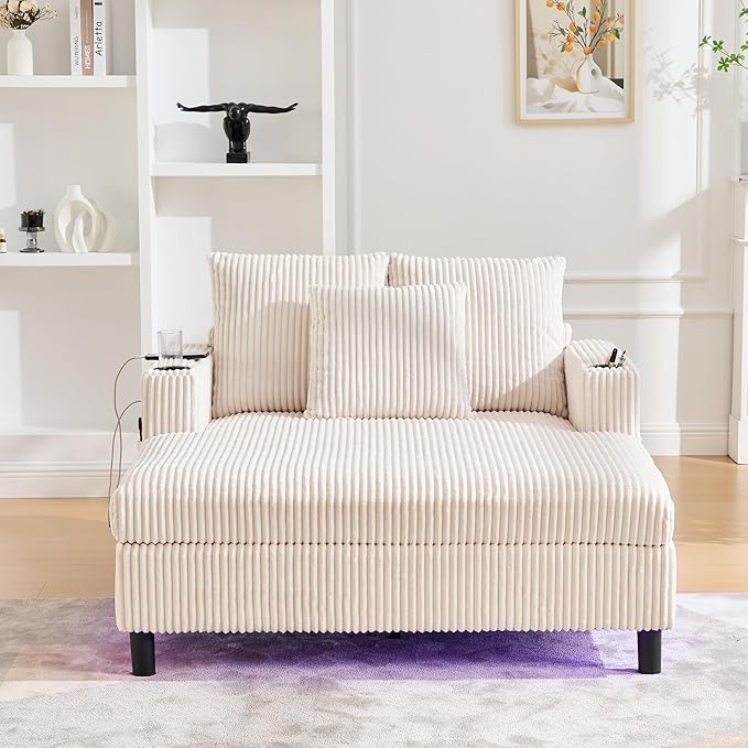 SLEERWAY Modern Corduroy Chaise Lounge Sofa Indoor - 55.9 Comfy Oversized Couch Bed with USB Ports Cup Holder Side Pocket Lights 3 Throw Pillows Lazy Recliner Chairs Living Room (Beige)