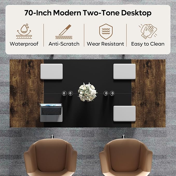 Bestier 70 Inch Large Executive Desk Modern Simple Computer Office Desk with Thickened Desktop Wood Metal Conference Room Table for Home Office Business &amp Writing Rustic Brown