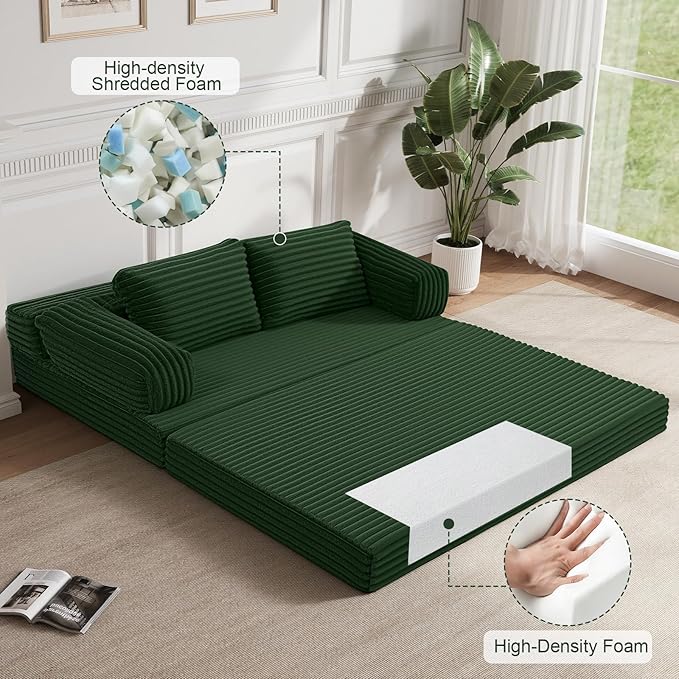 MeMoreCool Convertible Sofa Bed Folding Floor Couch Bed Queen Pull Out Sleeper Couch with Pillows Fold Out Futon Sofa for Bedroom Living Room Small Space Corduroy Beige