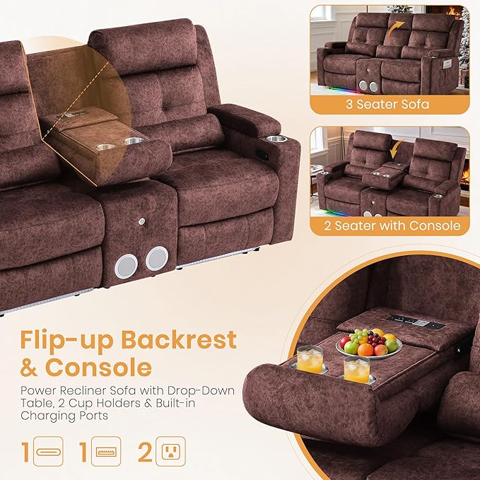 Power Reclining Loveseat with Flip Backrest Power Loveseat Recliner Sofa with LED Lights Bluetooth Speaker 3-Seater Recliner Sofa with Arm/Seat Storage (Brown Loveseat with Console)
