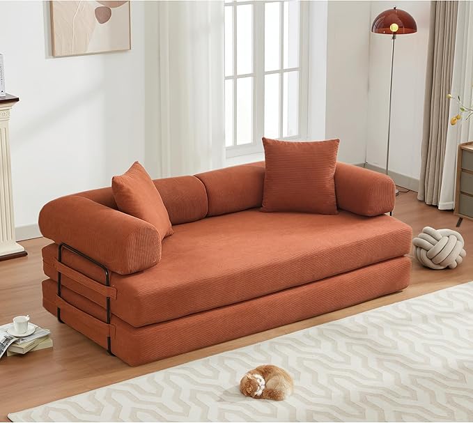 Convertible Sleeper Sofa Bed with Cylindrical Pillow Corduroy Folding Mattress Couch with Fixed-Shape Frame Floor Sofa Lounge Couch for Living Room Bedroom Lounge Studio Orange