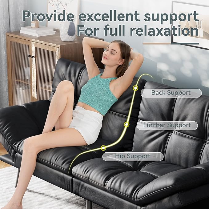 Vyfipt Convertible Futon Sofa Bed Black Faux Leather Futon Couch with Adjustable Backrest &amp Armrests Folding Small Recliner Sleeper Sofa Bed for Living Room Apartment Office