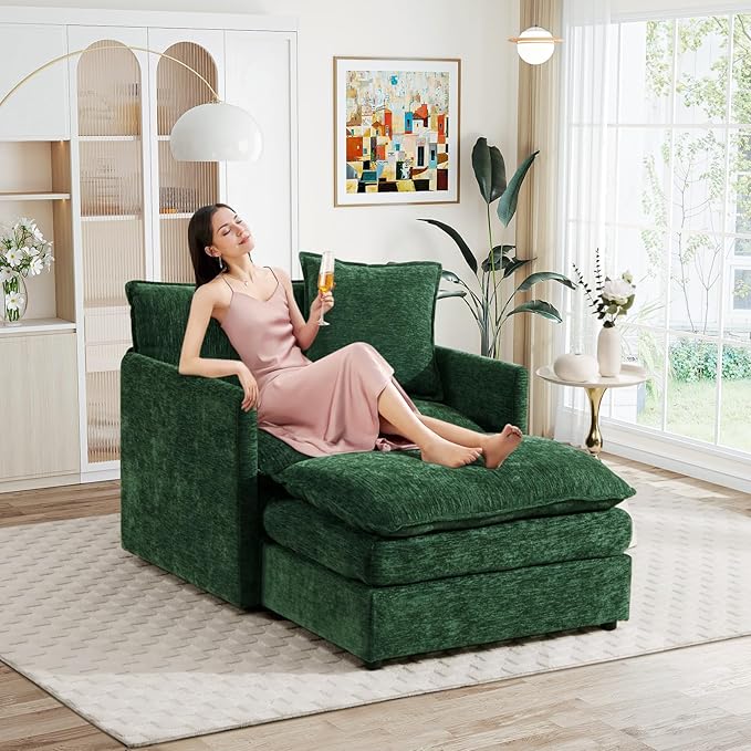 Oversized Chaise Lounge Chair Indoor Modern Comfy Chenille Cloud Accent Chair and A Half with Ottoman Single Deep Seat Sofa Couch Reading Armchair for Living Room Bedroom Apartment Green