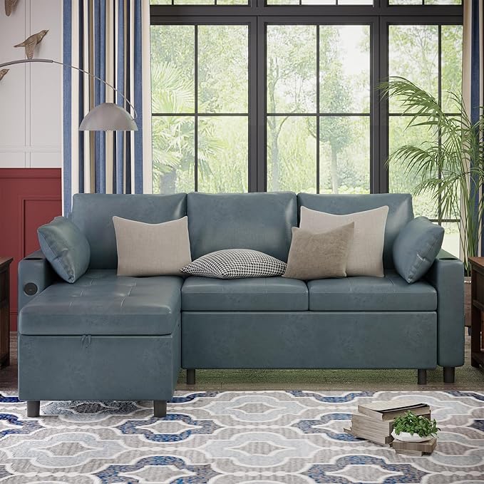 Esright Sleeper Sofa Bed 3-in-1 Pull Out Couch with Reversible Chaise Leather Sleeper Sofa with Storage USB Cup Holder Pullout Sectional Couches for Apartment Living Room Blue