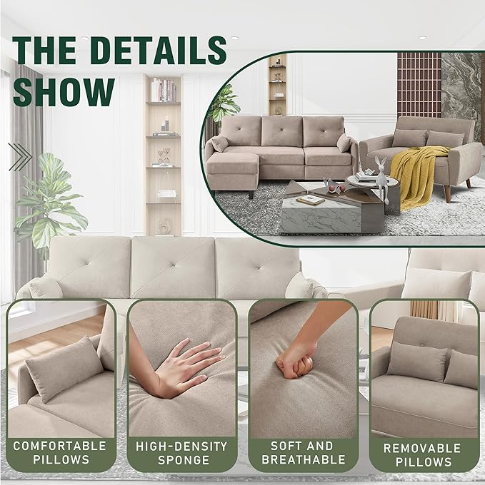 2 Piece Sofa Set Convertible L Shaped Couch with Reversible ChaiseModern 3 Seater Sofa and Loveseat Sectional Couch for Living Room Apartment Beige