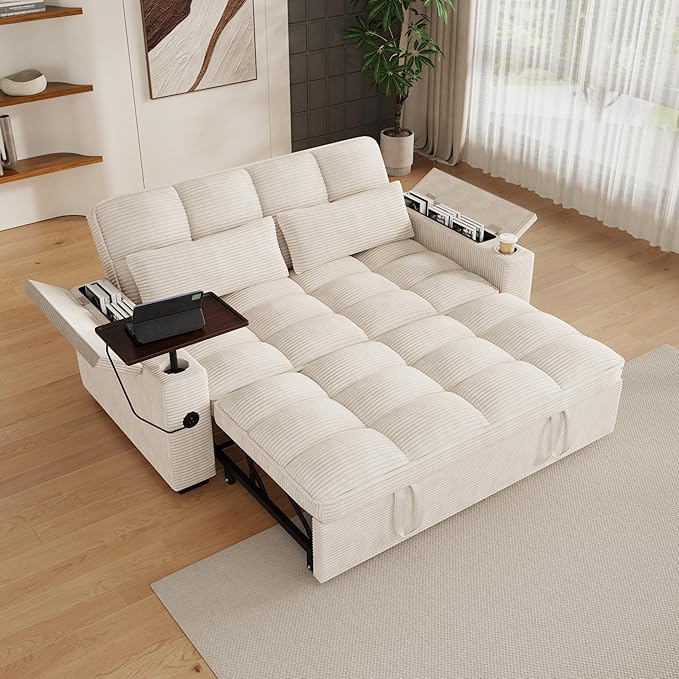 65 Sofa Bed Loveseat 3-in-1 Sleeper Sofa with Pull Out Bed 360° Swivel Side Table and USB 2 Seater Convertible Small Couch for Living Room Apartment (Beige Corduroy)