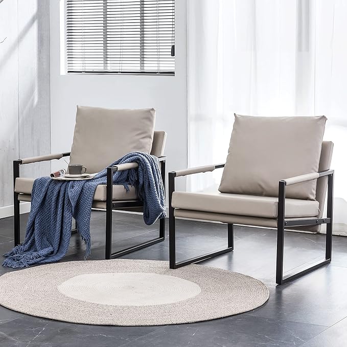 PU Leather Accent Arm Chair Mid Century Modern Upholstered Armchair with Metal Frame Extra-Thick Padded Backrest and Seat Cushion Sofa Chairs for Living Room (Light Brown PU Leather + Metal + Foam)