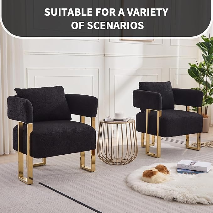 Yisheng Modern Barrel Accent Chairs Set of 2 Living Room Side Chairs with Golden Metal Legs Soft Upholstered Reading Armchairs no Wheels for vanity/Reception Room//Bedroom/Lounge/Office（Black Teddy）