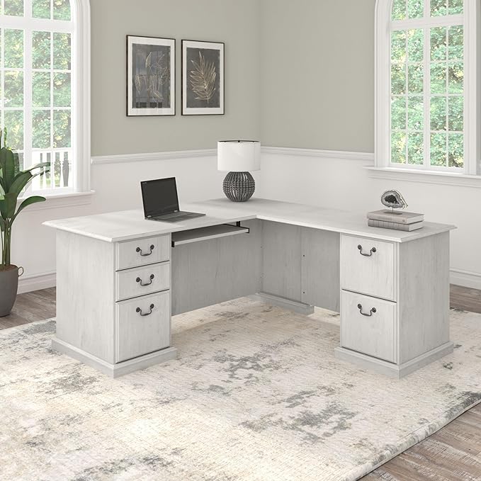 Bush Home Saratoga L Shaped Computer Desk with Drawers and Storage in Linen White Oak | Large Corner Office Table for Workspace