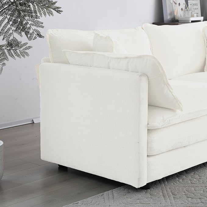 kevinplus 111.5'' White Modular Sectional Sofa Couch L-Shaped with Ottoman for Living Room Modern Contemporary Sofa Couch for Apartment Office Chenille Fabric (3-Seat Couch + 1 Ottoman)