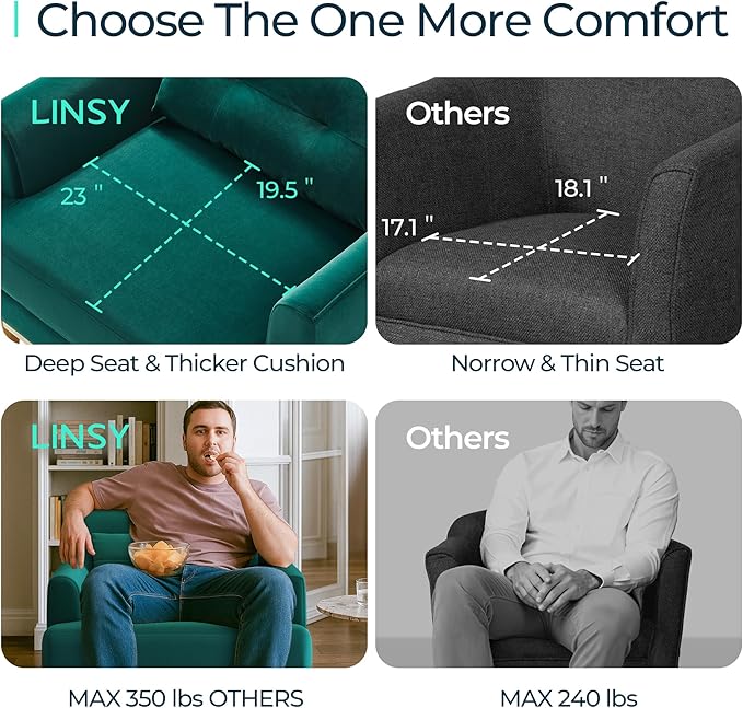 LINSY Accent Chair Large Reading Chair with Rubberwood Base Mid Century Modern Armchair with Lumbar Pillow Cozy Single Sofa Chair for Living Room Bedroom Office Study Velvet Arm Chair Green