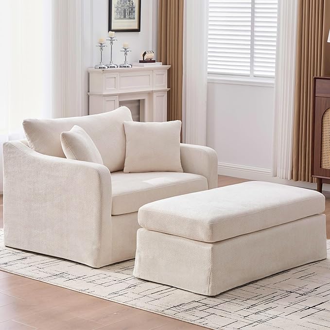 44 Oversized Reading Chair with OttomanWide Beige Accent ChairChenille Upholstered Square Chair with OttomanBig Comfy Chair for Living Room