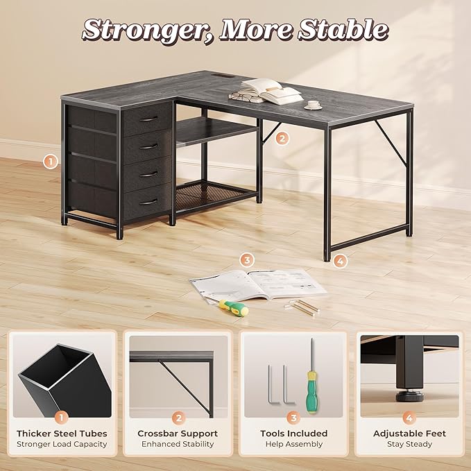 PRAISUN 43.3 Small Computer Desk with Power Outlets and USB-C Port Reversible L Shaped Corner Office Desk with 4 Fabric Drawers and 2 Height-Adjustable Shelves for Gaming Writing Grey