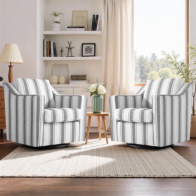 Swivel Accent Chair Modern Round Barrel Arm Chair for Living Room Bedroom Comfy Club Reading Chairs for Adults (Stripe Grey Set of 2)