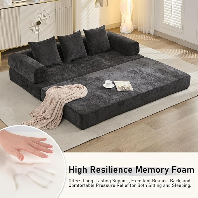 Compression Sofa Convertible Sofa Bed Modular Couch with Pillow Comfy Chenille Fabric Couch with Memory Foam Lounge Floor Sofa for Living Room Bedroom (Black)