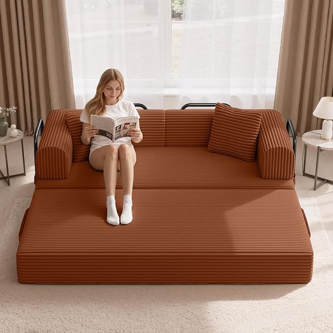 Convertible Corduroy Sleeper Sofa Bed with Cylindrical Pillow Folding Mattress Couch with Fixed-Shape Frame Floor Sofa Lounge Couch for Living Room Bedroom Lounge Studio Red Brown