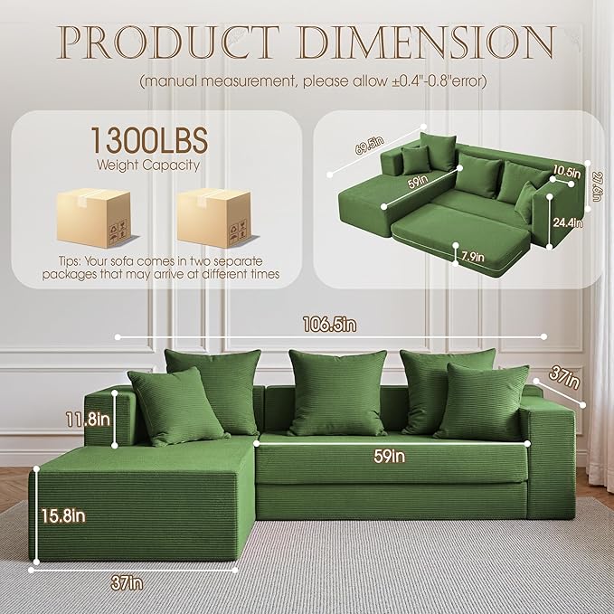 YINIX 106 Modular Sectional Sofa Modern Cloud Couch with L-Shape Chaise Upholstered Boneless Couches with Deep Seat Comfy Corduroy Sofa for Living Room Bedroom No Assembly (Green)
