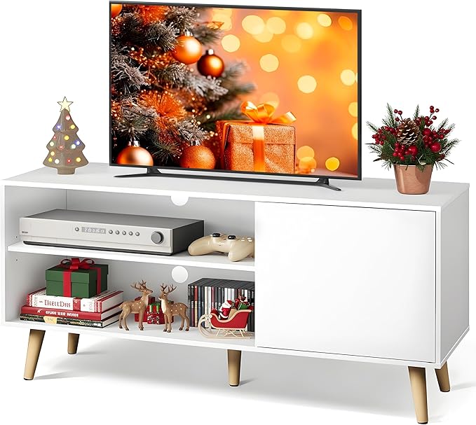 WLIVE TV Stand for 55 Inch TVs Entertainment Center with Storage Cabinet Mid-Century TV Stands for Living Room and Bedroom 50 TV Console White