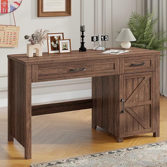 Vabches Farmhouse 47 Executive Desk Computer Desk with Drawers and Storage Cabinet Workstation Computer Desk for Home Office Study.Red-Brown